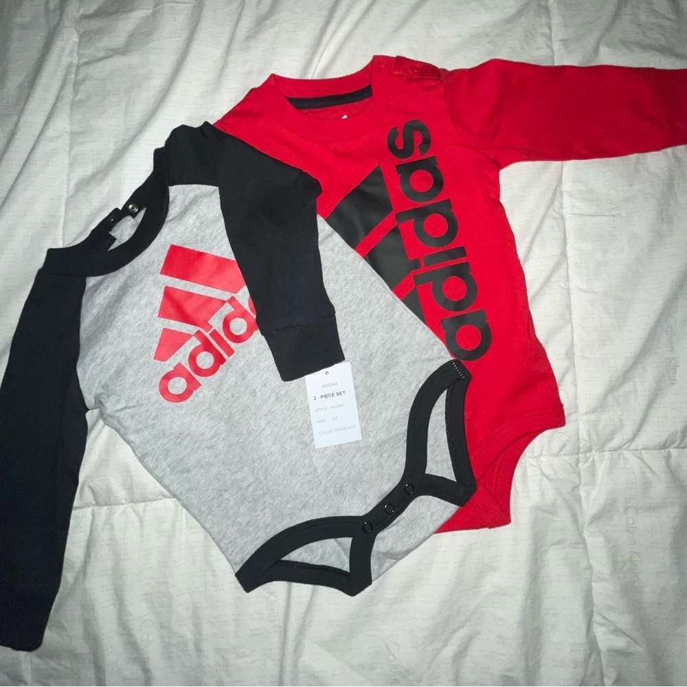 NWT- Baby Adidas long sleeve tee onesie red/black/gray size 6-9 months.